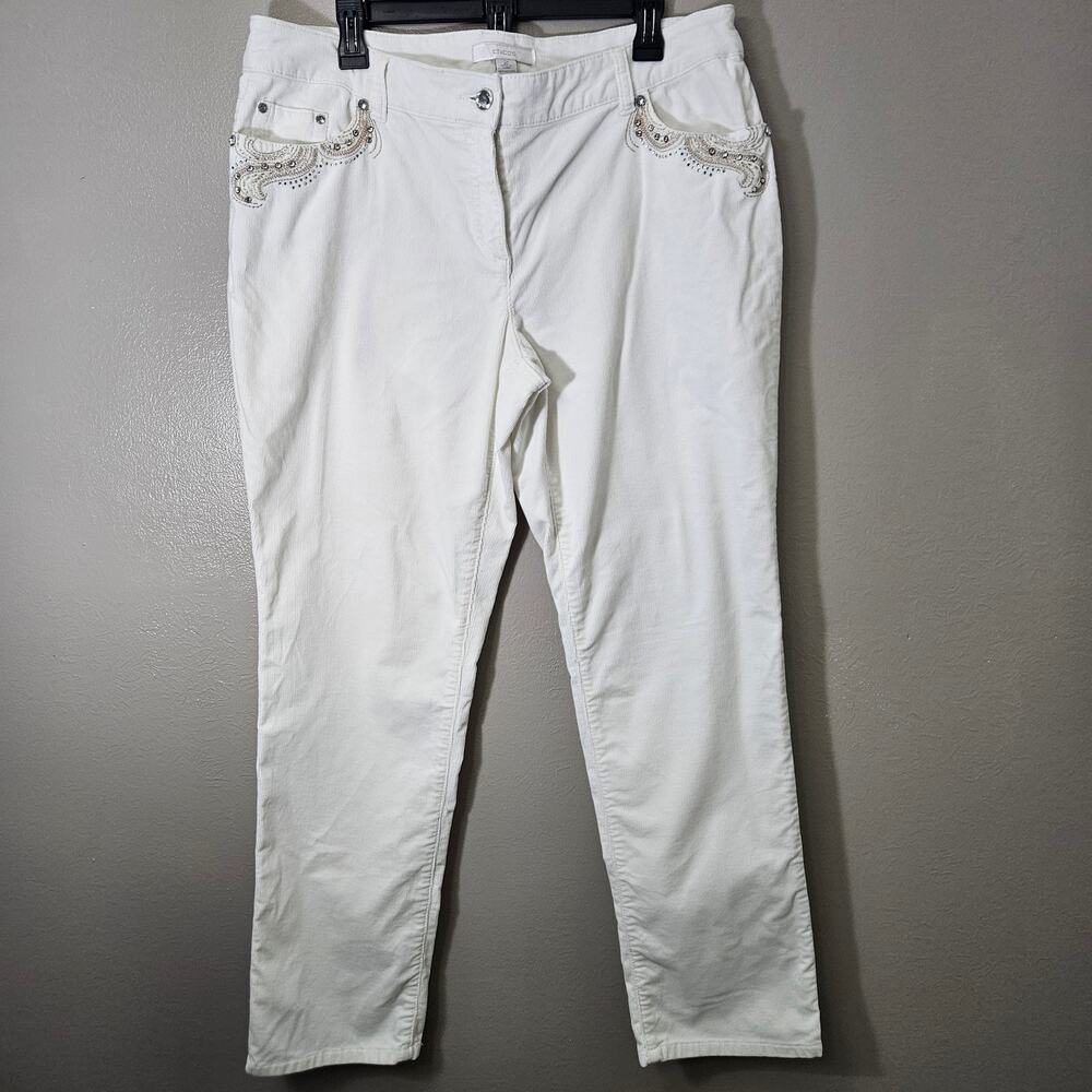 Chico's White Corduroy Embellished Straight Leg Pants Sz 2 Y2K Vibes Cowgirl